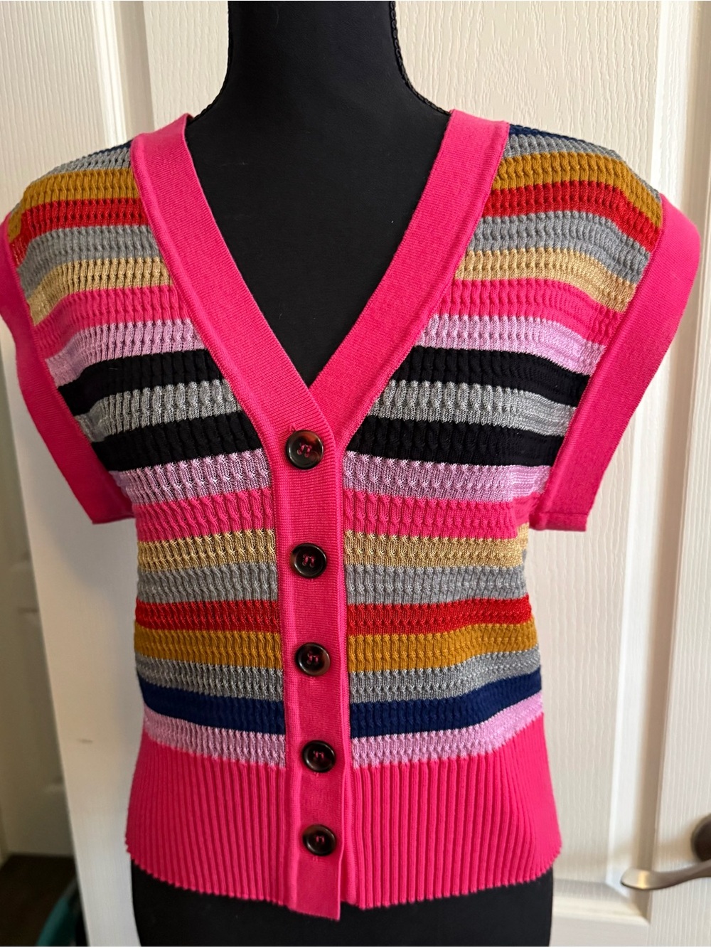 Hot Pink Multi-Stripe V-Neck Button Cardigan